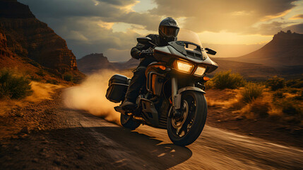 Motorcycle on the road in the desert. Motorcyclist riding on the road. Adventure and travel concept.	 - obrazy, fototapety, plakaty