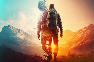 Hiker goes against sky and sun. Hiking concept. Created with generative AI technology - obrazy, fototapety, plakaty