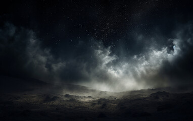 Fototapeta premium Background flying dust grains in a dark room with a dark dark background, Empty walls, particles lights, smoke, glow, rays