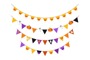 Colorful festive garland of triangular flags for Halloween. Multicolored flags. Decorative colorful pennants for birthday, festival, fair or carnival. Vector illustration. © Mallva