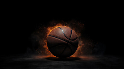 An artistic and minimalistic image featuring a dark basketball set against a solid black background, creating a sense of stark contrast and simplicity.