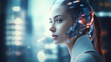 In this image, a futuristic AI android robot and a female cyborg coexist, embodying advanced technology and the AI chatbot ChatGPT concept.