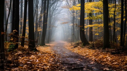 A trail covered with crunchy leaves leading into a misty forest. generative AI