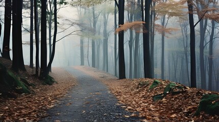 A trail covered with crunchy leaves leading into a misty forest. generative AI