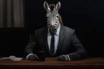 Poster A wild sight of a zebra in a suit standing at a desk, looking around the room with an air of curiosity and mystique © mockupzord