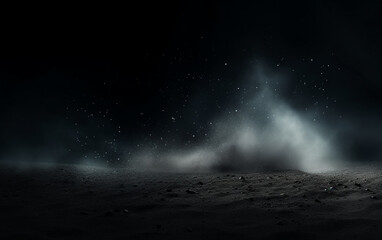 Background flying dust grains in a dark room with a dark dark background, Empty walls,  particles lights, smoke, glow, rays