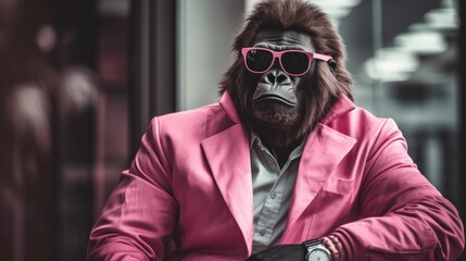 A mysterious man clad in a vibrant pink leather coat and stylish sunglasses stands out on the street, boldly showing off his wild and unique style - obrazy, fototapety, plakaty