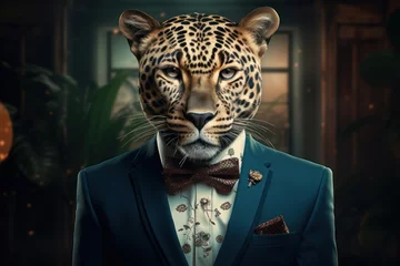 Poster A leopard stands proudly in its sharp suit, looking dignified and confident as it surveys its domain in the great outdoors © mockupzord
