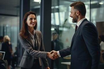 Two businesspeople stand inside, shaking hands and smiling, dressed in suits and blazers as they have a meaningful conversation