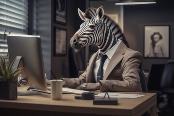A whimsical zebra in a suit and tie sits at a desk surrounded by furniture, a computer, a vase, a wall, a table, a laptop, a window, and a coffee statue, all coming together to create an