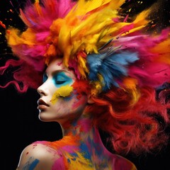 A vibrant portrait of a daring woman with unique clothing and makeup, embodying a creative blend of artistry and individual expression