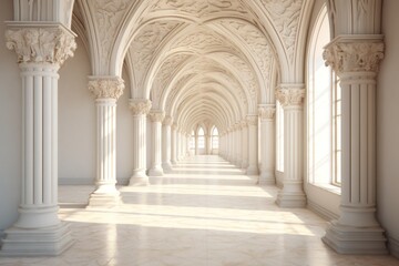 Fototapeta na wymiar Walking down the majestic hallway of arches and columns, the symmetry of the architecture and the intricate molding of the vaults and walls create an awe-inspiring cloister that exudes a sense of gra
