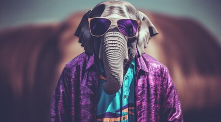 A person wearing purple clothing and singing into a microphone stands beside an elephant adorned with sunglasses and a stylish jacket, creating a unique and joyous musical moment - obrazy, fototapety, plakaty