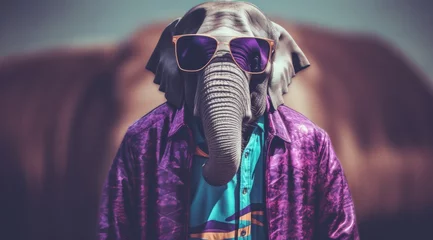 Foto op Canvas A person wearing purple clothing and singing into a microphone stands beside an elephant adorned with sunglasses and a stylish jacket, creating a unique and joyous musical moment © mockupzord