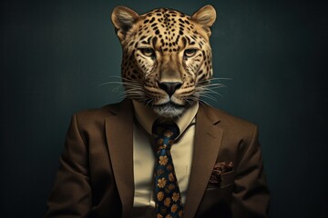 A man in a suit and tie stands proudly with a majestic leopard draped around his neck, a striking combination of power and wildness that captures the eye