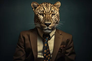 Crédence de cuisine en verre imprimé Léopard A man in a suit and tie stands proudly with a majestic leopard draped around his neck, a striking combination of power and wildness that captures the eye