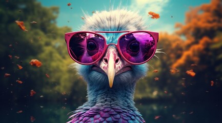 A majestic bird basks in the sunshine, its vibrant feathers illuminated by the rays of light as it stands tall with its pink sunglasses perched atop its beak, exuding a wild and carefree confidence - obrazy, fototapety, plakaty