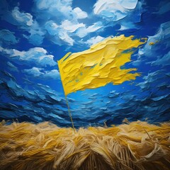 A majestic painting of a vibrant yellow flag standing proud against a backdrop of soft clouds and rolling wheat fields, capturing the beauty of nature and inspiring awe in the viewer