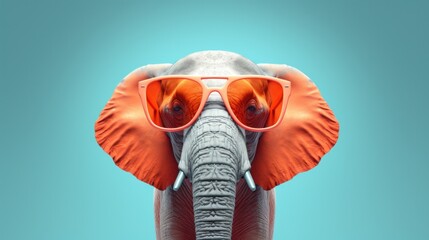 On a clear sky day, a majestic elephant stands tall and proud in the outdoor scenery, adorned with vibrant orange sunglasses and a stunning red backdrop
