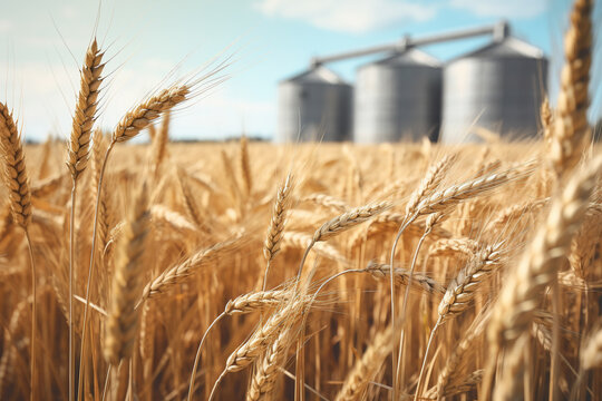 This close-up image showcases a vibrant wheat field, with three silos softly blurred in the background, portraying the beauty of rural agriculture.