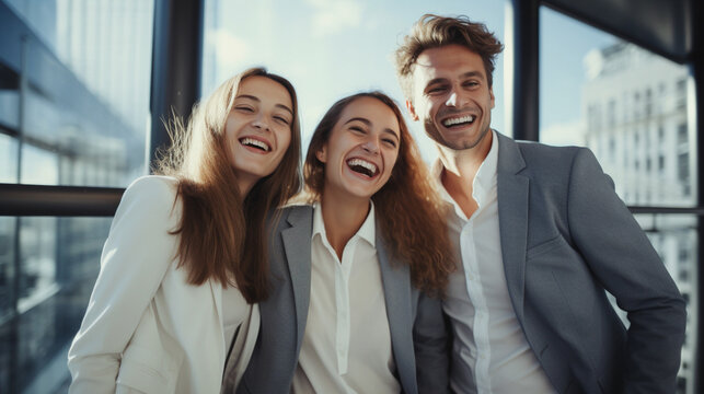A successful business team of three members shares laughter while standing together, portraying camaraderie and a positive work environment.