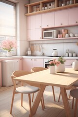 Fototapeta na wymiar This cozy kitchen radiates warmth and comfort, featuring a charming pink cabinetry, a spacious countertop, a welcoming dining table, and a plethora of inviting drawers and chairs, creating a perfect 
