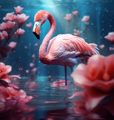 A vibrant pink flamingo stands majestically in the crystal-clear waters of its aquatic home, surrounded by a lush array of exotic flowers
