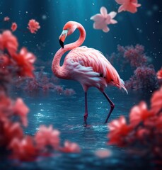 A brilliant pink flamingo stands gracefully in the sparkling blue water, its long legs and curved neck capturing the beauty of nature in a single moment