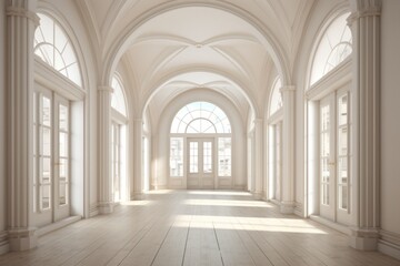 Fototapeta na wymiar The vast white room is filled with grand arched windows and architectural symmetry, inviting in the soft natural light that gleams off the smooth walls and floors, creating a majestic arcade of colum