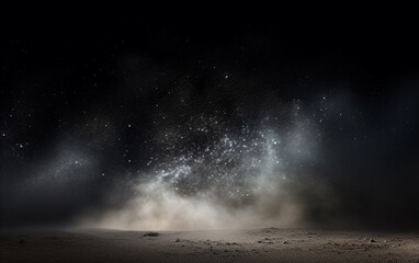 Background flying dust grains in a dark room with a dark dark background, Empty walls,  particles lights, smoke, glow, rays