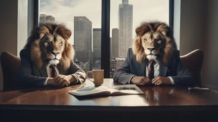 Fototapeten Two regal lions, dressed in suits and ties, confidently sit around a table in an indoor setting, their fur and presence commanding the room © mockupzord