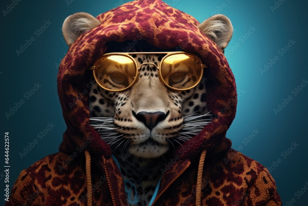 Wall mural The sleek leopard, draped in a stylish hoodie and cool sunglasses, stands out amongst the other animals, embodying an effortless confidence