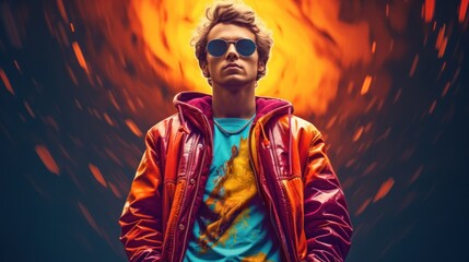 A mysterious man, clad in a stylish red jacket and mysterious sunglasses, stares off into the distance, inviting viewers to wonder what lies beyond