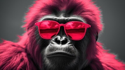 A majestic gorilla sporting pink sunglasses stands out against its natural habitat, inspiring awe and admiration with its unique fashion sense
