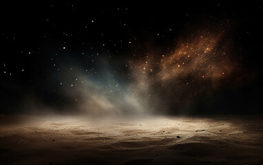 Background flying dust grains in a dark room with a dark dark background, Empty walls,  particles lights, smoke, glow, rays