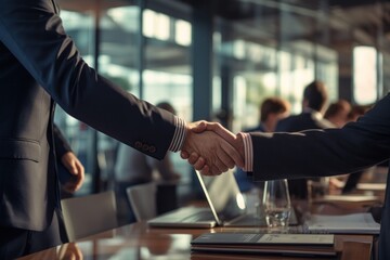 Fototapeta na wymiar Two businessmen stand in a room, making a firm handshake as a sign of trust and respect while engaging in an important conversation surrounded by glass and formal business attire