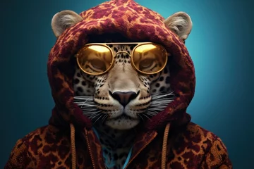 Papier Peint photo Autocollant Léopard The sleek leopard, draped in a stylish hoodie and cool sunglasses, stands out amongst the other animals, embodying an effortless confidence