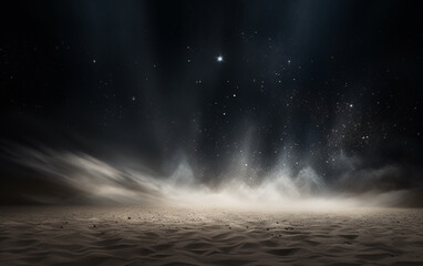 Background flying dust grains in a dark room with a dark dark background, Empty walls,  particles lights, smoke, glow, rays