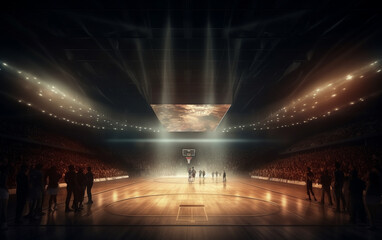 Basketball court with people fan. Sport arena. Photoreal 3d render background - obrazy, fototapety, plakaty
