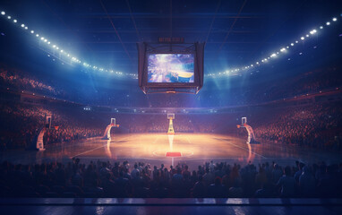 Basketball court with people fan. Sport arena. Photoreal 3d render background - obrazy, fototapety, plakaty