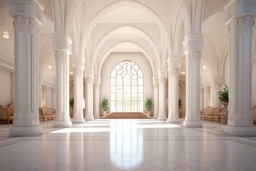 A breathtakingly symmetrical indoor lobby of majestic architecture with majestic columns, intricate molding, and a grand archway window radiating a soft white light throughout the room - obrazy, fototapety, plakaty