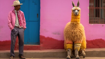 A person stands in the great outdoors, wearing vibrant clothing, next to a gentle llama, an elegant camelid, symbolizing freedom and strength