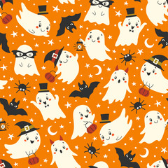 Halloween cute ghosts, bats and spiders pattern - 644623784