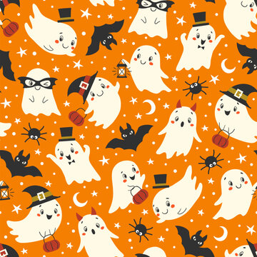 Halloween cute ghosts, bats and spiders pattern