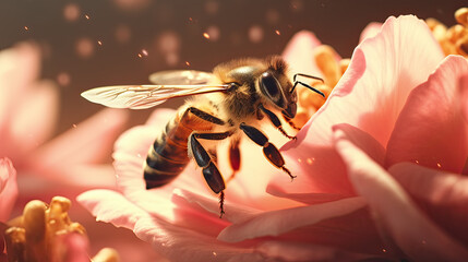 Naklejka premium Close-up of a bee collecting pollen from a rose flower. AI generative
