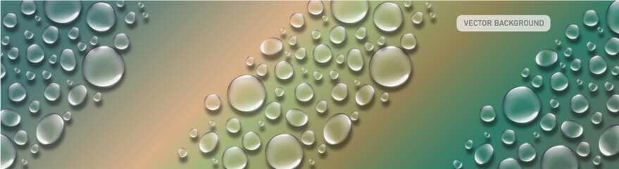 Abstract Vector Background with Transparent Water Drops on Bright Colorful Gradient.