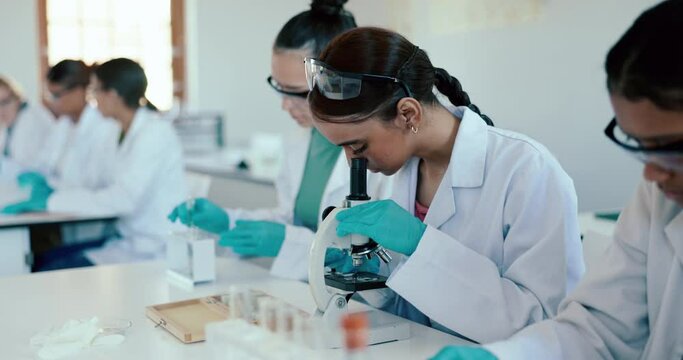 Science, learning and students in laboratory with microscope for education, lesson and practical. Chemistry, school and people with equipment for sample study, biology and research at university
