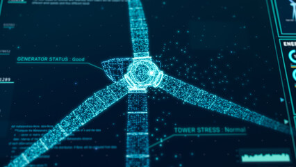 Futuristic wind turbine energy control center interface design, digital data network battery management system, green renewable power technology software, engineering iot HUD information 3d rendering - 644625182