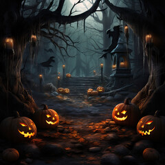 Scary way at night Halloween dead forest ready for witches party with pumpkins, full moon and ghost and witches flying around. Helloween holidays concept