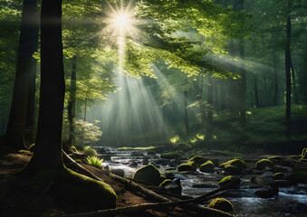 A tranquil forest scene with a babbling brook, sunlight filtering through the tree canopy, creating a soothing natural setting.